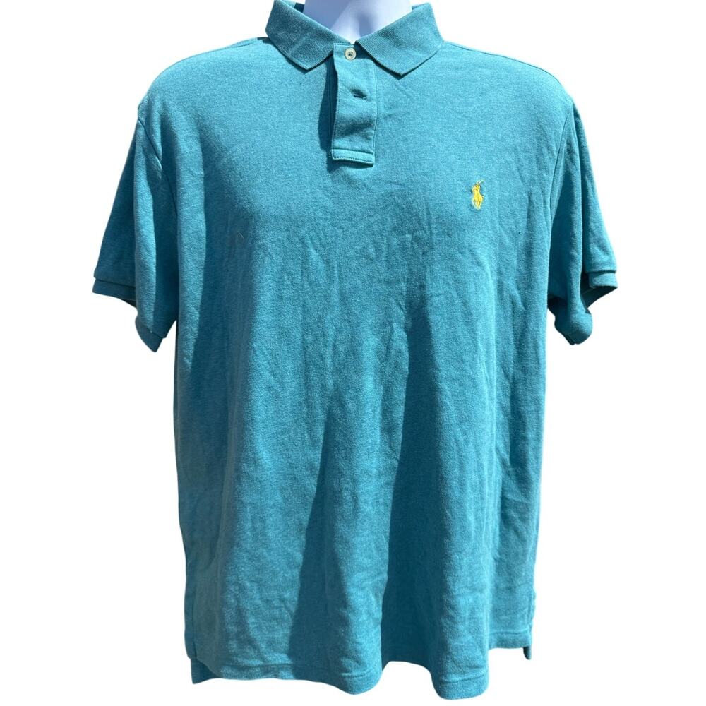 Polo Ralph Lauren Teal Yellow Pony Custom Fit Short Sleeve Shirt L Green Blue